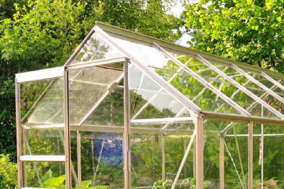 Ein Gewächshaus aus Glas mit geöffneter Tür.